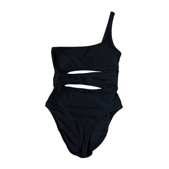 One Shoulder Black Ribbed Cutout Swimsuit Full Coverage UPF 50 Medium Aerie - Picture 2 of 11